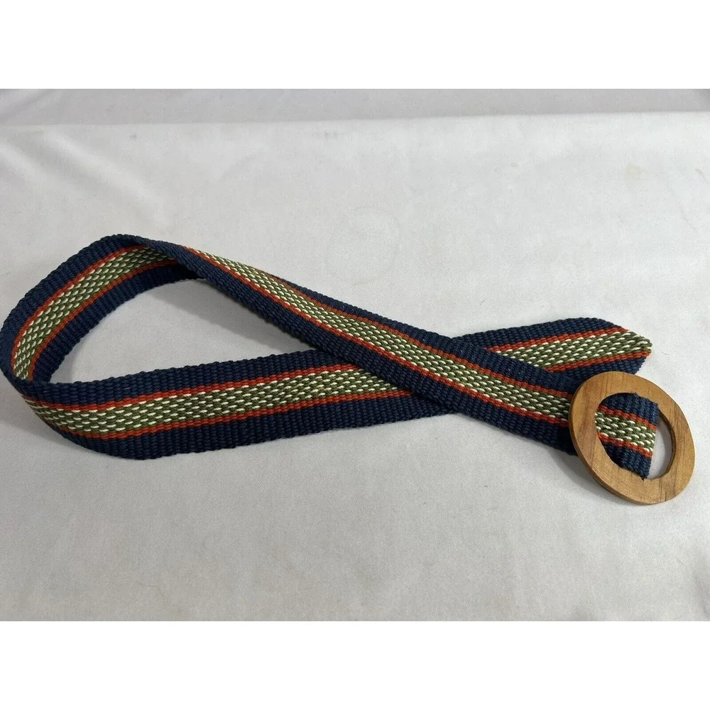 Vintage Wide Canvas Belt Women's Petite Woven Blue Green Red Wooden Buckle‎